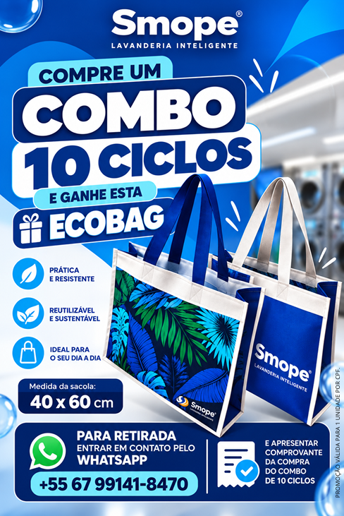 Promoção Smope: compre um combo de 10 ciclos e ganhe uma ecobag. Para retirar, entre em contato pelo WhatsApp e apresente o comprovante da compra. Promoção válida para uma unidade por CPF.